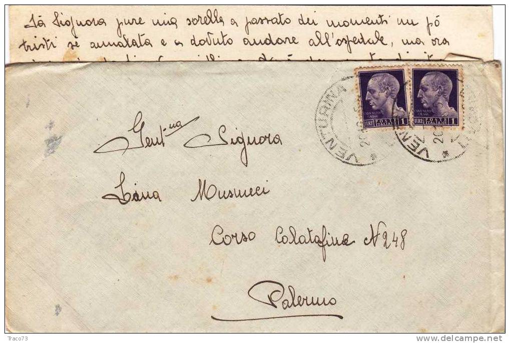 VENTURINA - PALERMO - Cover / Lettera  " Scritto All´interno "  20.12.1945 - Imperiale Senza Fasci Lire 1 X 2 - Marcophilia