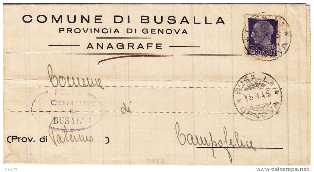 BUSALLA  / CAMPOFELICE  - Piego   - Ovale " POSTE Comune Di Busalla "  18.09.1945 - Imperiale Seza Fasci Lire 1 Isolato - Marcophilia