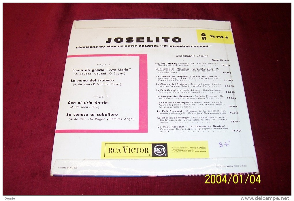 JOSELITO  °  CHANSON DU FILM  LE PETIT COLONEL   +++++ - Otros - Canción Española