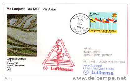 Premier Vol Boeing 747  Lufthansa :  Manila -  Abu Dhabi  1988 - Lettres & Documents