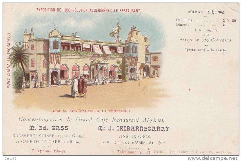 Publicité - Exposition 1900 - Dar El Aïn - Café Restaurant Algérien Iribarnegaray - Paris Le Raincy - Advertising