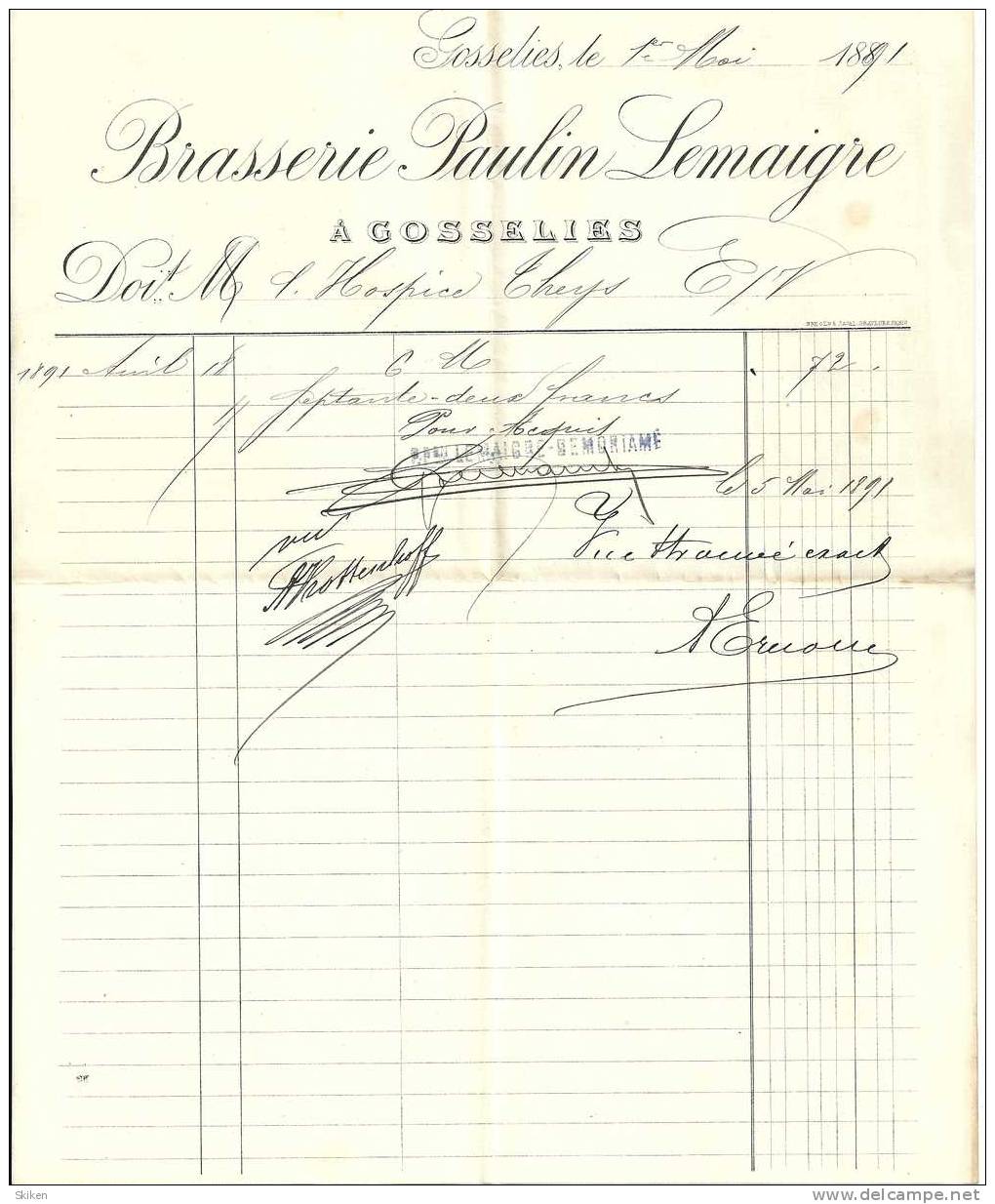 GOSSELIES  BRASSERIE  PAULIN LEMAIGRE    1.05.1891 - Autres & Non Classés