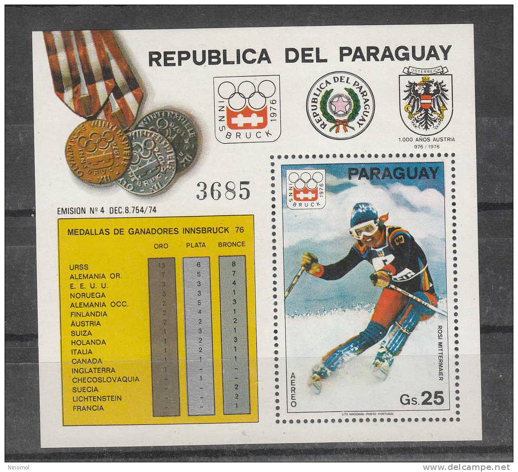 Paraguay   -   1976.  Medagliere . Rosi Mittermaier Winner.  Medal Case .Numbered MNH Very RARE Numbered Block - Hiver 1976: Innsbruck