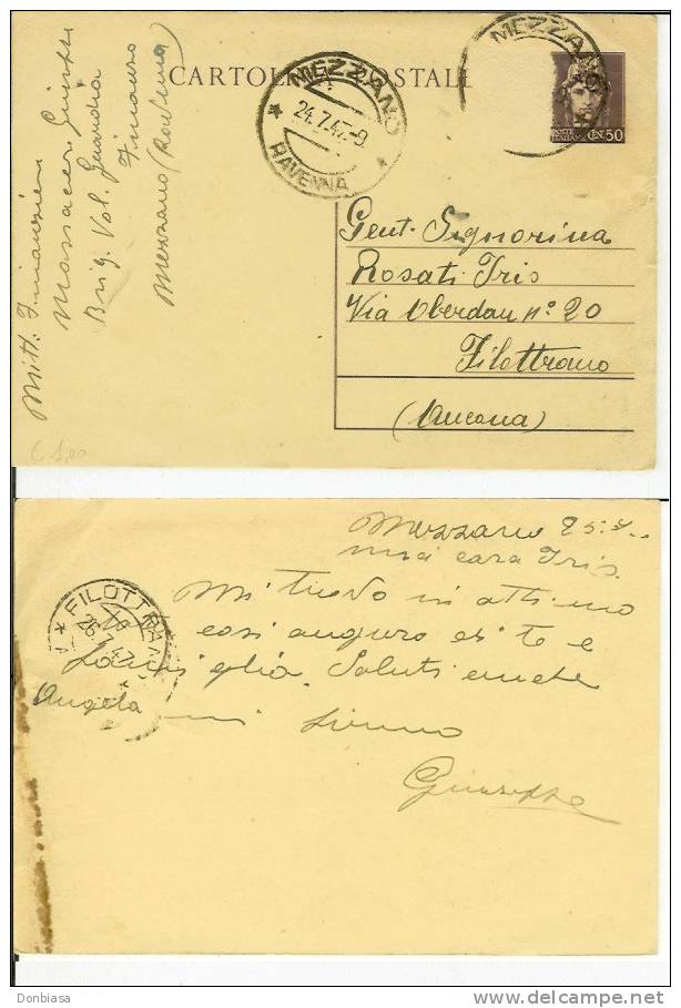 Luogotenenza 1945 (Cartolina Postale): Turrita 50 Cent. Violetto. USATA (franc. Aggiunto E Staccato). Mezzano-Filottrano - Marcophilia