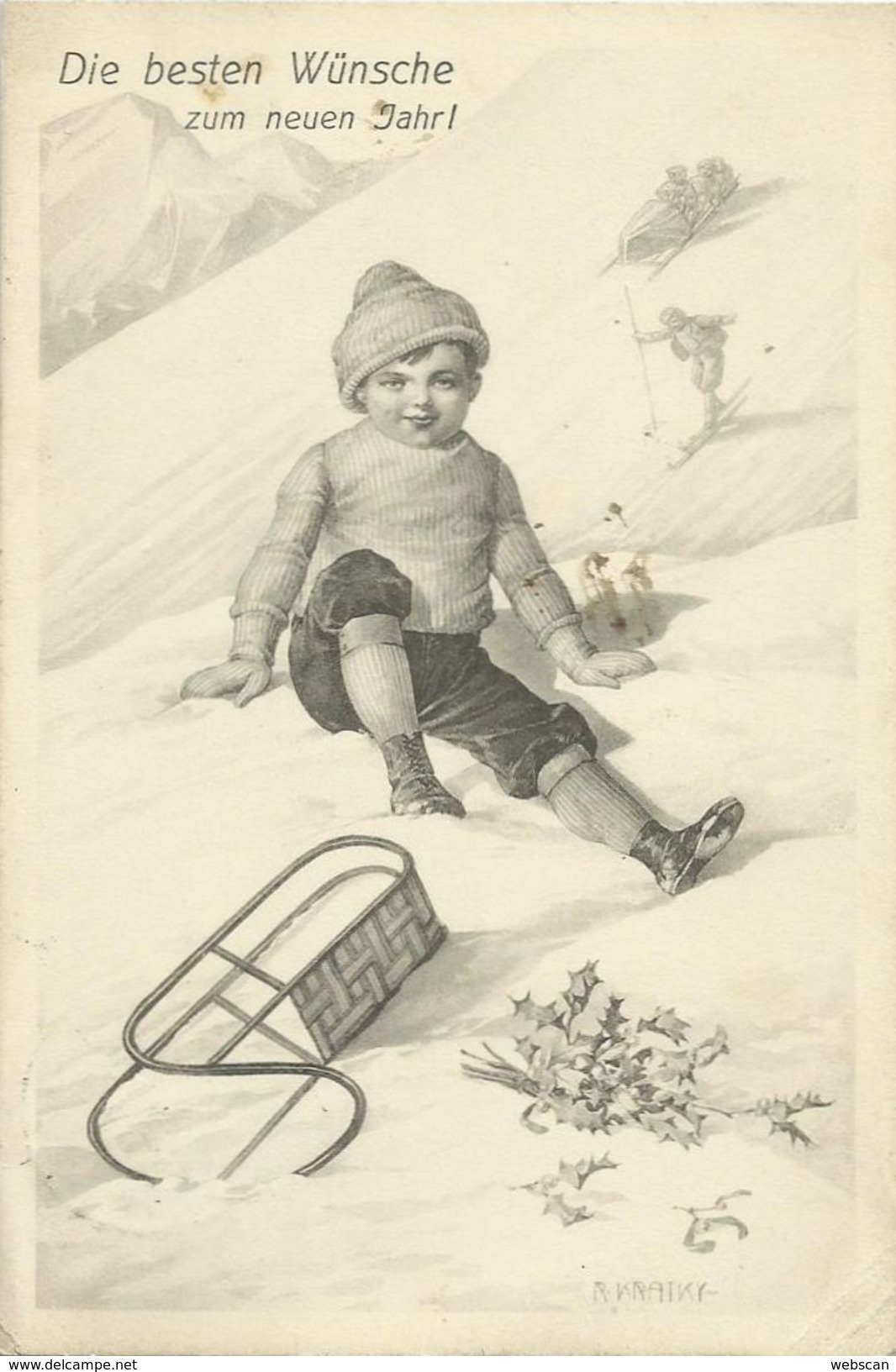 AK Neujahr Junge Sturz Vom Schlitten R. Kratky 1908 #106 - Anno Nuovo