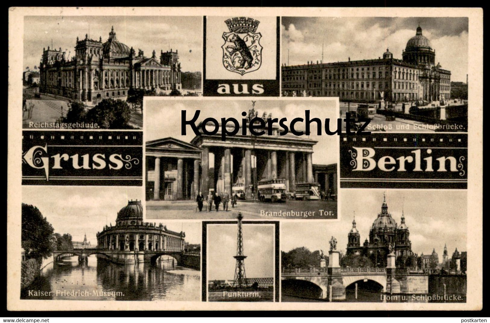 ALTE POSTKARTE GRUSS AUS BERLIN 1936 WAPPEN BRANDENBURGER TOR REICHSTAG SCHLOSS DOM FUNKTURM Ansichtskarte Cpa Postcard - Brandenburger Door