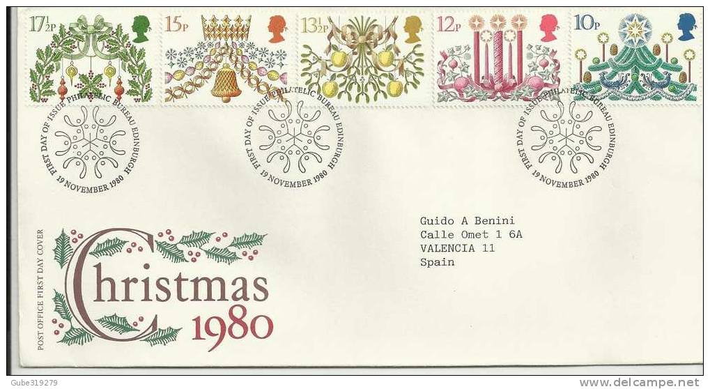 CHRISTMAS GREAT BRITAIN - 1980-FDC WITH PRES.ENTATION CARD 5 STAMPS OF10-12-13 1/2-15-17 1/2  P PERFECT - Pasen