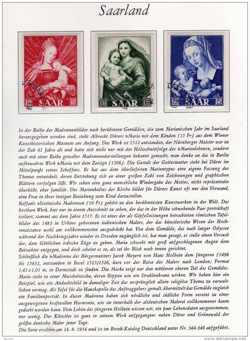 Gemälde Von Dürer Mariannen-Jahr 1954 Saarland 351/3 O 9€ Madonnen Set From Saar Germany And France - Cuadros