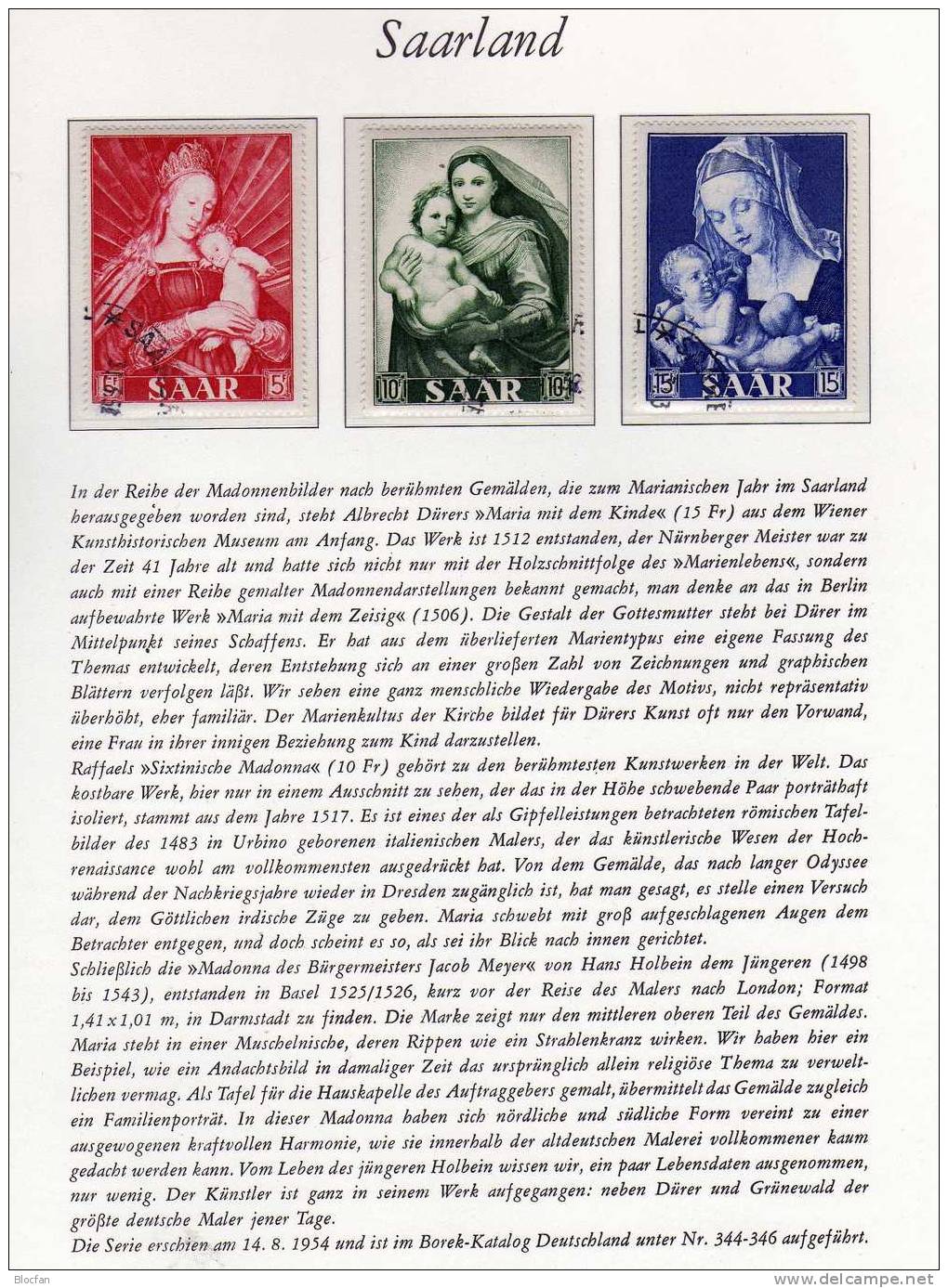 Gemälde Von Dürer Mariannen-Jahr 1954 Saarland 351/3 O 9€ Madonnen Set From Saar Germany And France - Schilderijen