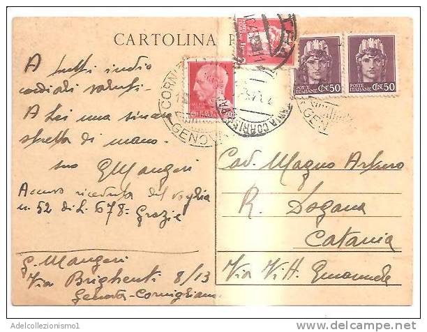 51435)cartolina Postale Da Genova A Catania Del 1-8-1945 Con 2£+ 2x50 Turrita + 20c Imperiale + Annullo - Marcophilia