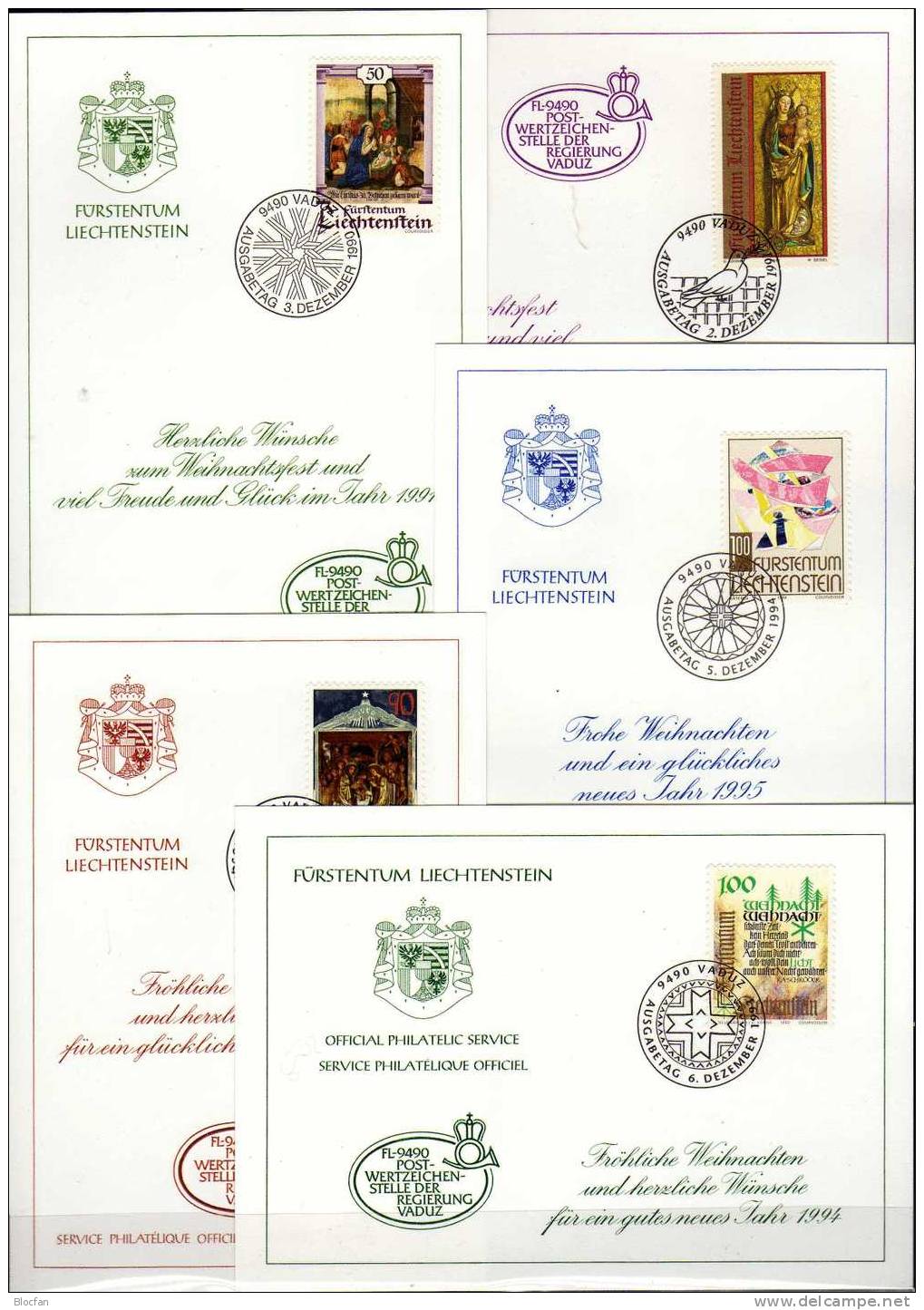Weihnachts/ Neujahrs-Karte 1991-1995 Liechtenstein 5 Karten O 48€ Christmas Krippe Madonna Relief Gedichte New Year Card - Collezioni (in Album)