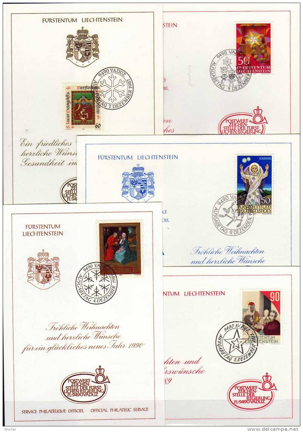 Weihnachts/Neujahrs-Karte 1986-1990 Liechtenstein 5 Karten O 48€ Christmas Historie Engel Lukas Malerei New Year Card FL - Collections