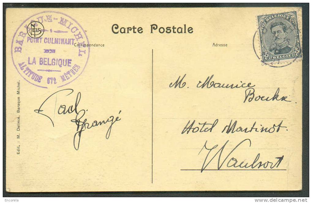 3 Cent. Gris Obl. Sc JALHAY S/C.V Ill; (Les Fagnes Baraque Michel) + Cachet Violet BARAQUE-MICHEL - Point Culminant De B - 1915-1920 Albert I