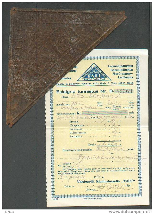 ESTONIA VINTAGE INSURANCE SIGN TALU WITH ACCOMPANYING DOCUMENT,  1940 - Other & Unclassified