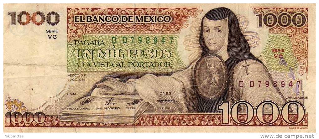 1000 PESOS Note MEXICO - 1984  - POET NUN Juana - Mexico
