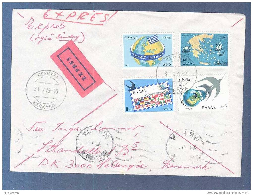 Greece SAS Royal Viking EXPRESS Label KERKYPA 1978 Cover Via Atinai (Athens) & København To Helsingør (Elsinore) Denmark - Storia Postale