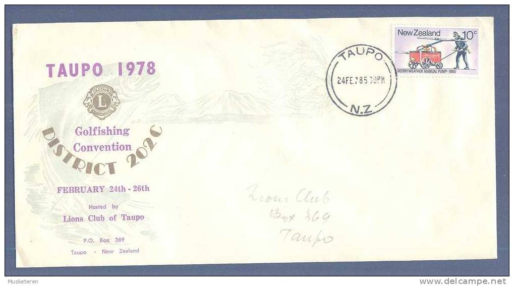 New Zealand LION CLUB Golfishing Convention TAUPO 1978 Cachet Cover Merryweather Manual Fire Pump - Cartas & Documentos