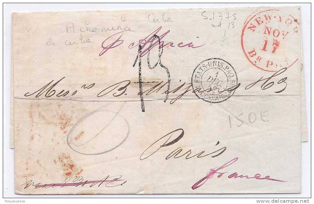 Lettre De Cuba De 1852 , Cachet D´achemineur De New York, Pour  Paris - Maritime Post