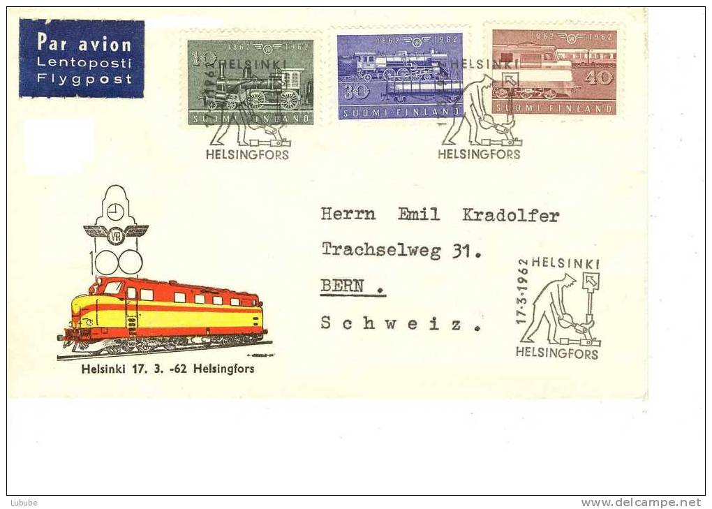 Luftpost Sonderbrief  "100 Jahre Bahn In Helsinki"  In Die Schweiz       1962 - FDC