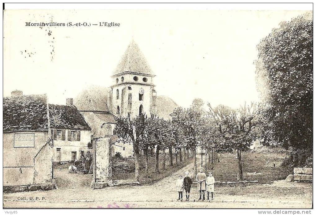 78 - MORAINVILLIERS - Belle Carte Animée De L'Eglise .( Pub : Société Générale ) - Morainvilliers