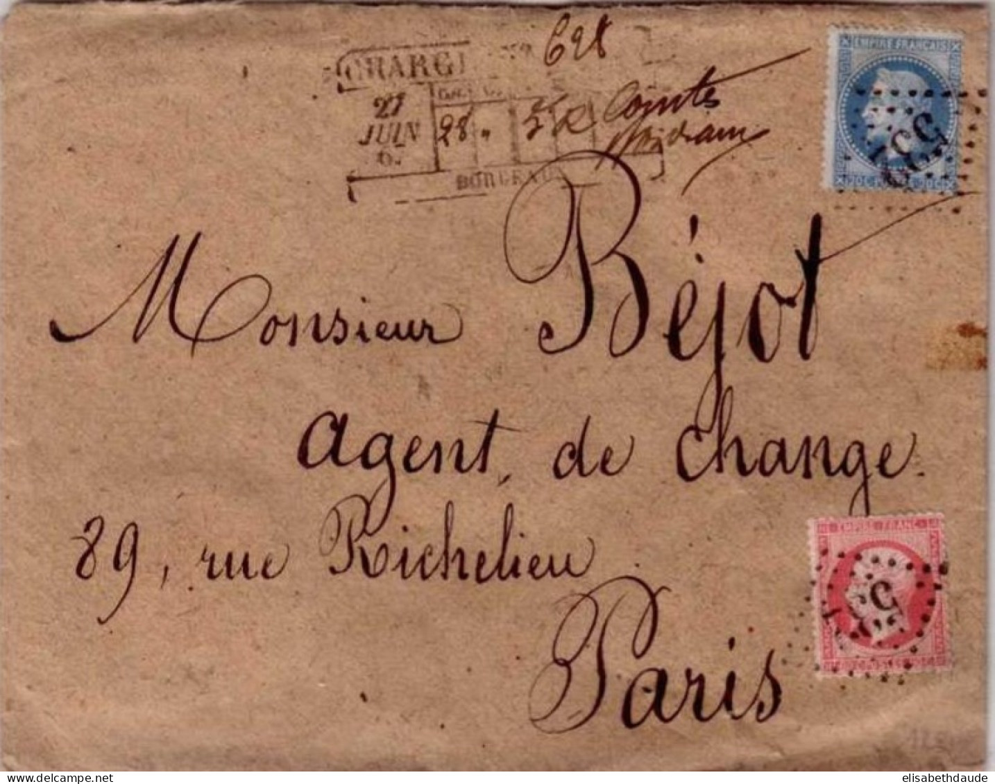 NAPOLEON III - 1867 - Yvert N°29A + 24 Sur LETTRE CHARGEE De BORDEAUX Pour PARIS - SUPERBE - 1863-1870 Napoléon III Lauré