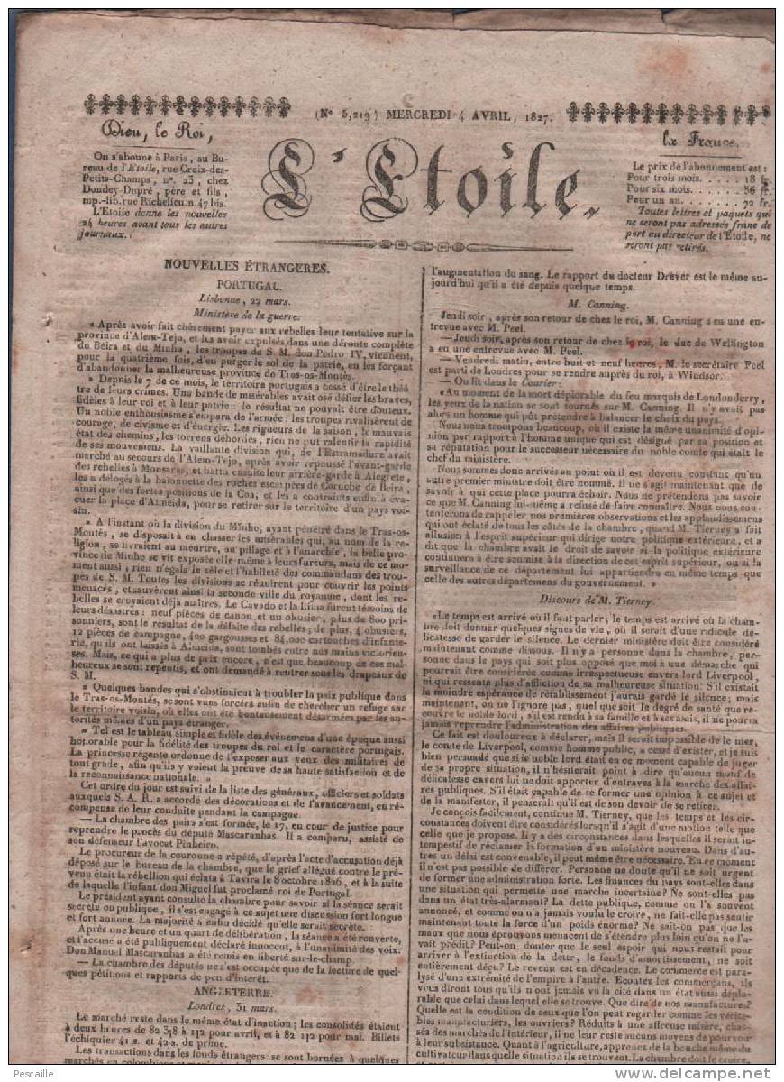 L´ETOILE 04 04 1827 - PORTUGAL - LONDRES TIERNEY CANNING - BENJAMIN CONSTANT - ORGANISATION JURY - BOIS MARINE - 1800 - 1849