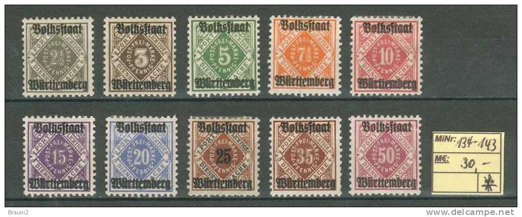 Germany Allemagne Wuerttemberg Mi. Nr. 134 - 143 Cv: 30 € / * MH Falz - Mint