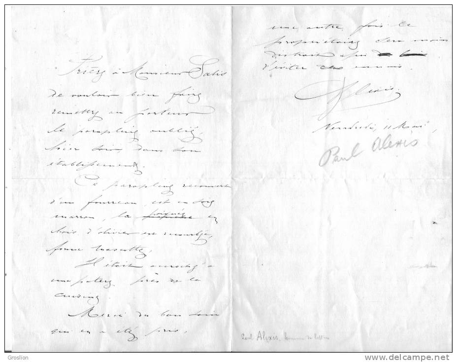 PAUL ALEXIS (1847 AIX EN PROVENCE 1901 LEVALLOIS PERRET) ROMANCIER AUTEUR DRAMATIQUE  PUBLICISTE FRANCAIS LETTRE SIGNEE - Other & Unclassified