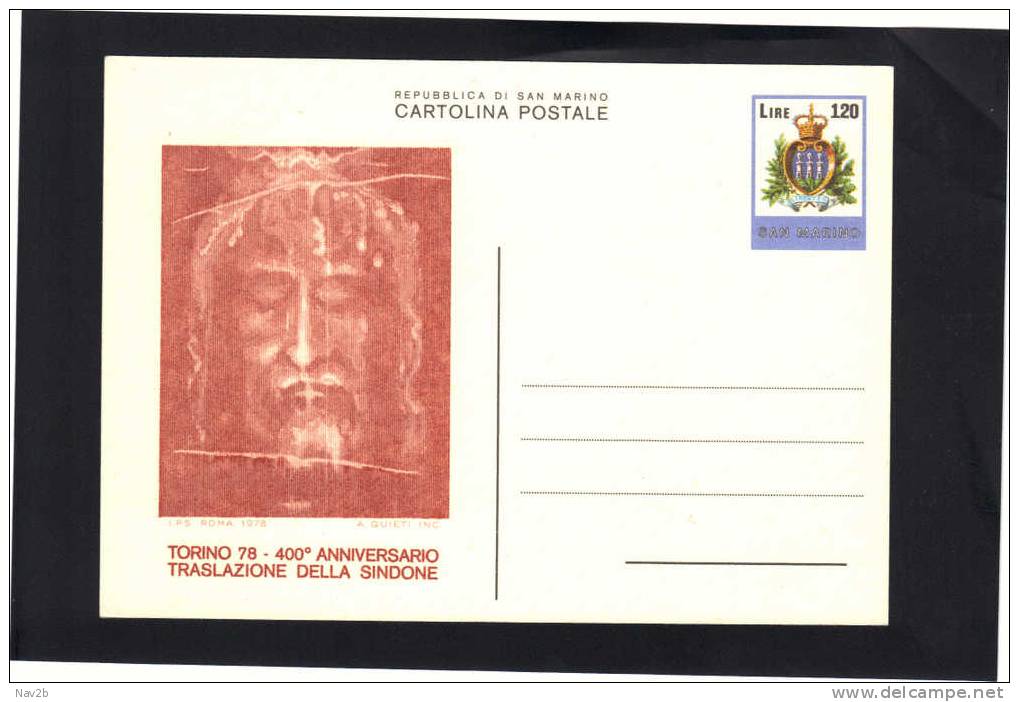 Saint Marin , Entier Carte Postale 120 Lires . Saint Suaire . Neuve 1978 . - Interi Postali