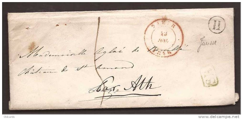 Belgique 1846 Lettre Càd NAMUR + SR En Vert + Boîte H De Jausse (Jauche ?) - 1830-1849 (Independent Belgium)