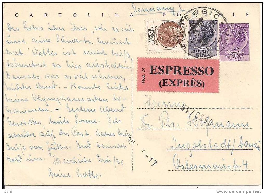 STORIA  POSTALE - CARTOLINA POSTALE LIRE 25  CON COMPLEMENTO  LIRE 115 PER USO ESPRESSO ESTERO - VIAGGIATA  1967, - 1961-70: Storia Postale