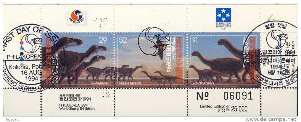 ##Micronesia 1994. PHILAKOREA 94: Prehistoric Animals. Michel 380-82. Cancelled(o) - Micronesië