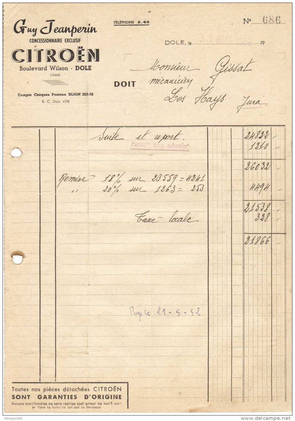 Facture Du Concessionnaire Exclusif Citroën GUY JEANPERIN De Dole Te De 1952 - Auto's