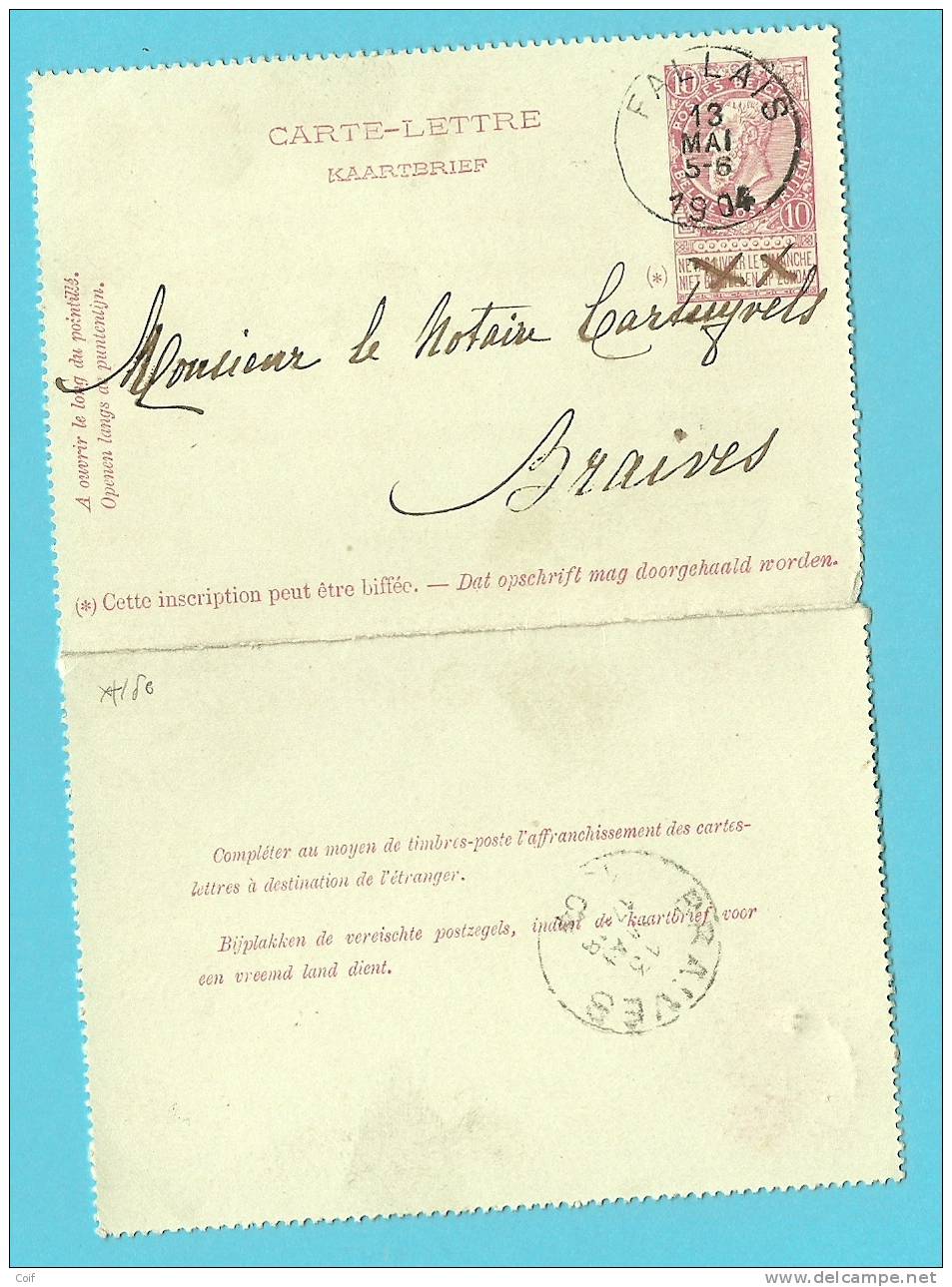 CARTE-LETTRE / KAARTBRIEF (zegel Type 58) Met Cirkelstempel FALLAIS Naar BRAIVES - Postbladen