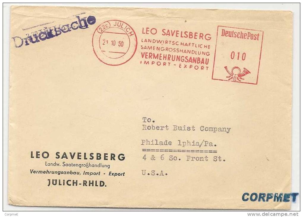 GERMANY - VF 1953 JULICH- RHLD.  - Leo Savelsberg  Mechanical Cancellation COVER To PHILADELPHIA - Storia Postale