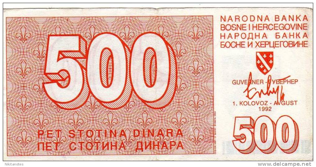 Bosnia & Herzegovin&#8203;a 500 Dinara  1992  DINARA BANKNOTE - Bosnia And Herzegovina