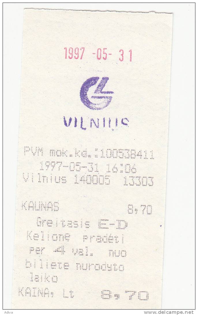 Lithuania 1997 Railway Ticket Vilnius-Kaunas - Europe