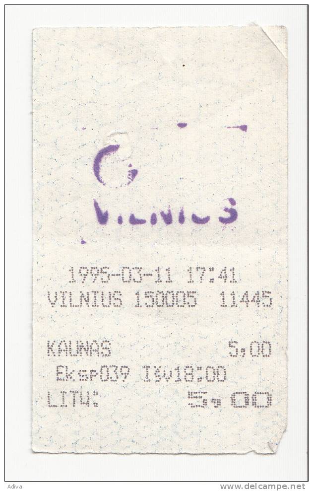 Lithuania 1995 Railway Ticket At A Discount Vilnius-Kaunas - Europa