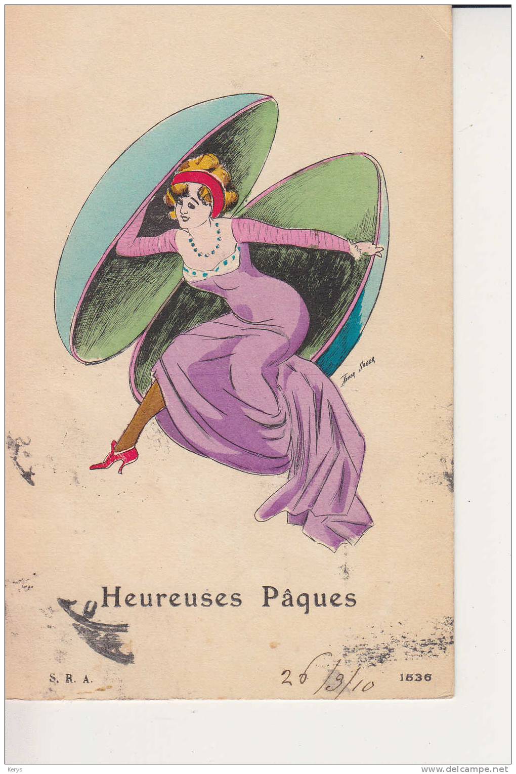 CP 1910 : Heureuses Pâques , élégante Sortant D´un Oeuf - Sager, Xavier