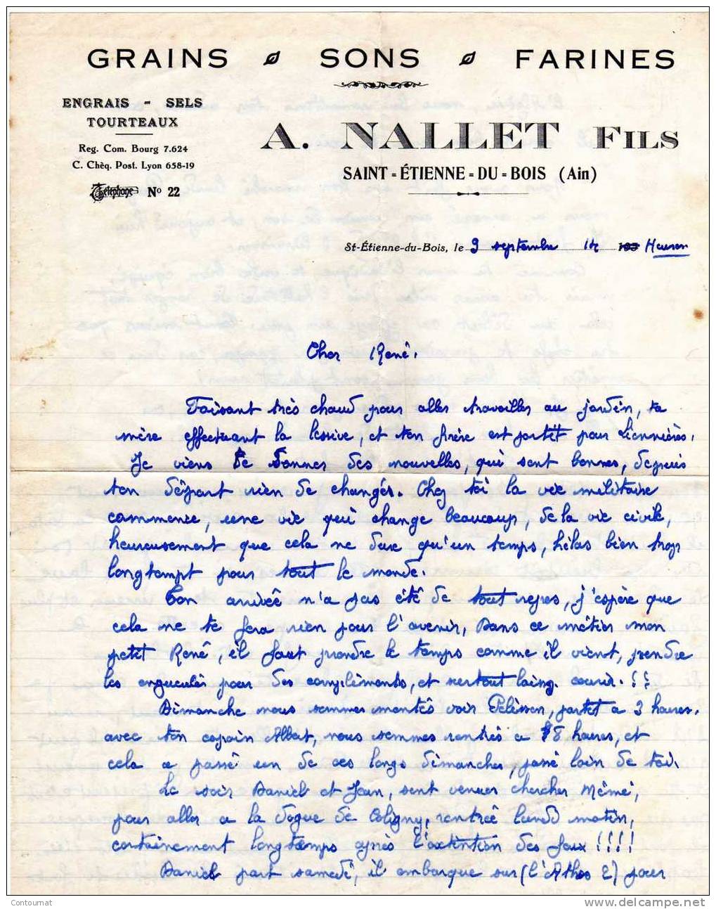 01 FACTURE COURRIER GRAINS SONS FARINES A.NALLLET  à St Etienne Du BOIS AIN - Landwirtschaft