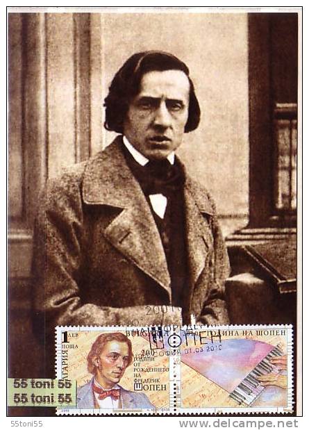 Bulgaria/Bulgarie 2010 Year Of Frederic Chopin – Music 1v.+ 1 Vignette MC  Maximum Card - FDC