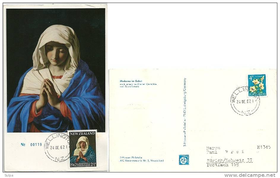 Maximum Card  : Sassoferrato Madonna In Prayer, Circulated Wellington To Zürich - Madonna