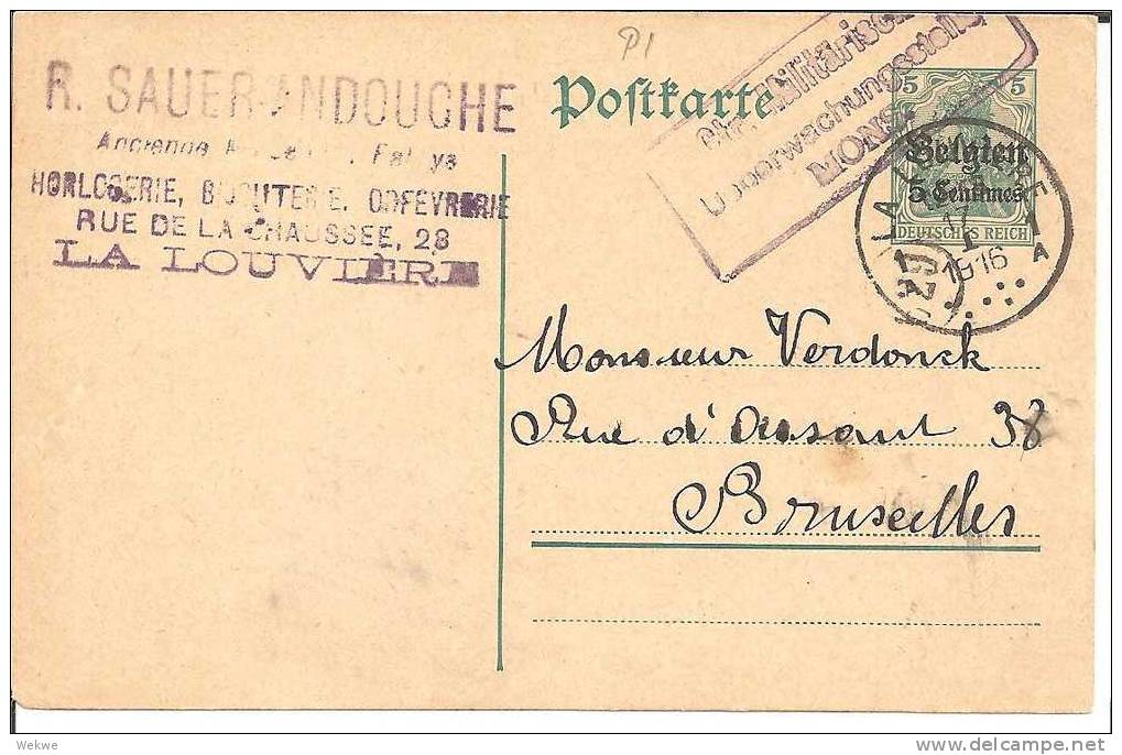 BB070/ BELGIEN -  Ganzsachenkarte P 1, La Louviers, Postüberwachung Mons 1916 - Deutsche Besatzung