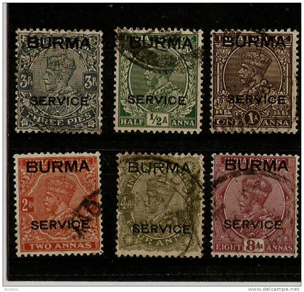 BURMA 1937 OFFICIALS VALUES TO 8a SG 01, 02, 04, 05, 07, 09 FINE USED Cat £3.85 - Burma (...-1947)