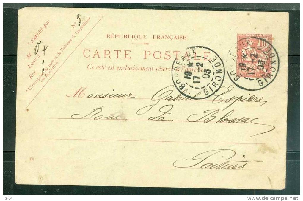 Yvert Typemouchon 10 Centimes  ( 124-CP1 ) Oblitéré Bordeaux En 1903- Pb3919 - 1900-02 Mouchon