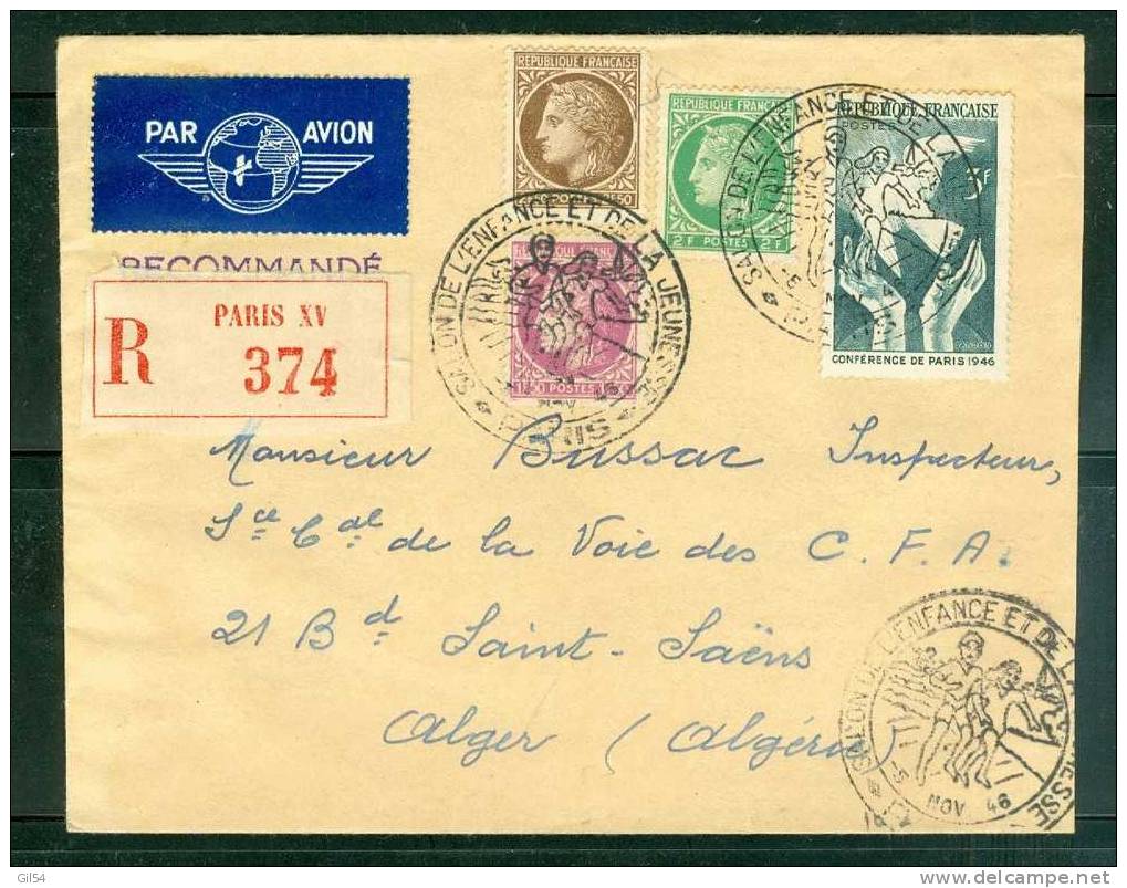 Plis Par Avion PARIS POUR ALGER - Oblitération Expo Enfance Et Jeunesse Paris En 1946 - Pb3934 - 1927-1959 Lettres & Documents