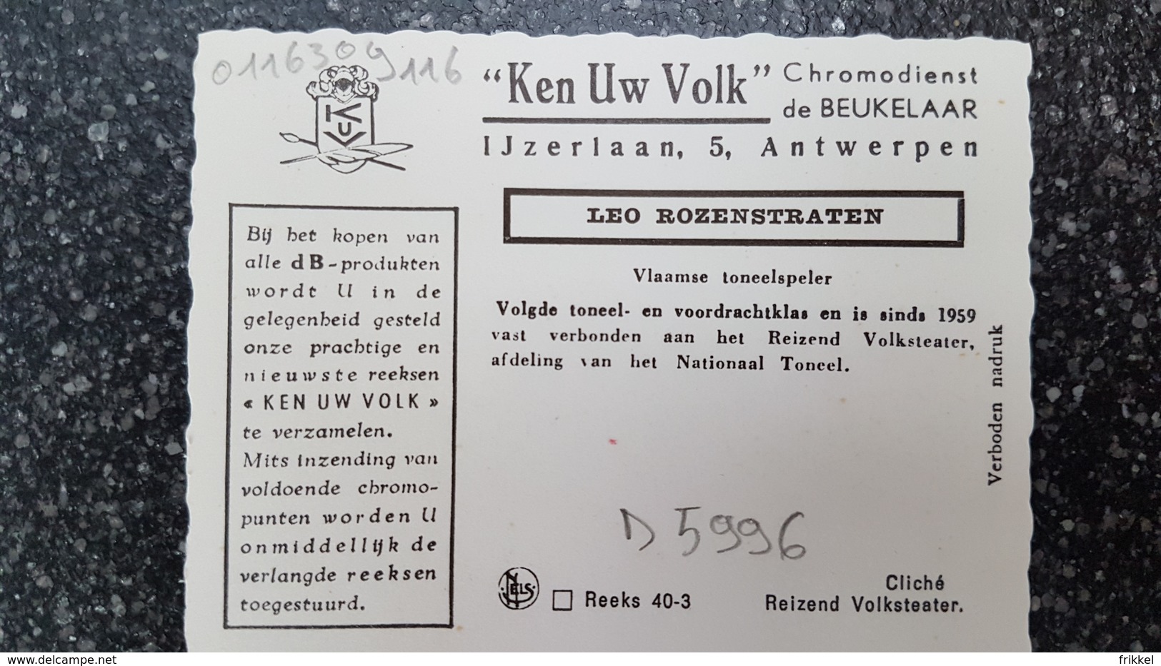 Chromo Ken Uw Volk Chromodienst De Beukelaar Reeks 40-3 Leo Rozenstraten Toneelspeler - De Beukelaer