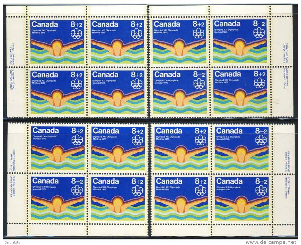 1975 Canada Complete Set Of Plateblocks All 4 Corners Each MNH " Montreal Olympic Games " Semipostals - Num. Planches & Inscriptions Marge