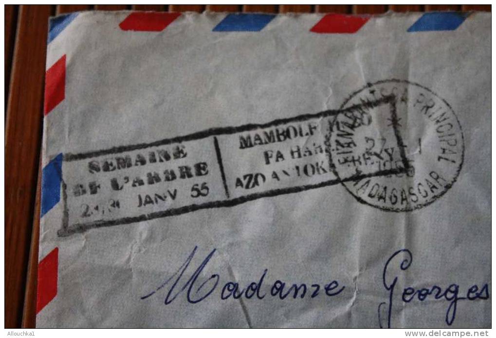 1955 LETTRE DE MADAGASCAR= > FIANARANTSOA> GRIFFE SEMAINE DE L´ ARBRE + VIGNETTE EX COLONIE FRANCAISE P/ TOULON P AVION - Covers & Documents