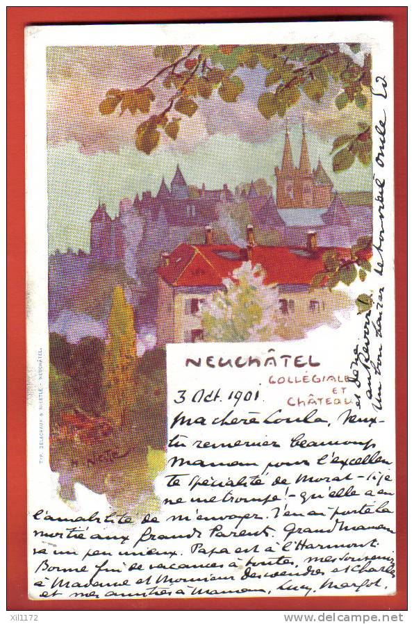 E1296 Collégiale Et Château Litho Neuchâtel, Précurseur.Cachets Neuchâtel + Motiers-Vully  1901 - Môtiers 